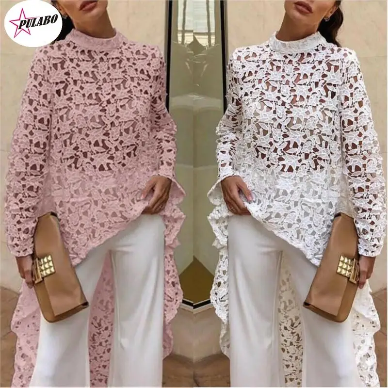 

2022 Fashion Women Sexy Hollow Out Pullover Lace Asymmetrical Loose Long Solid Ladies Jumper PulloverTops Blouse Tunic