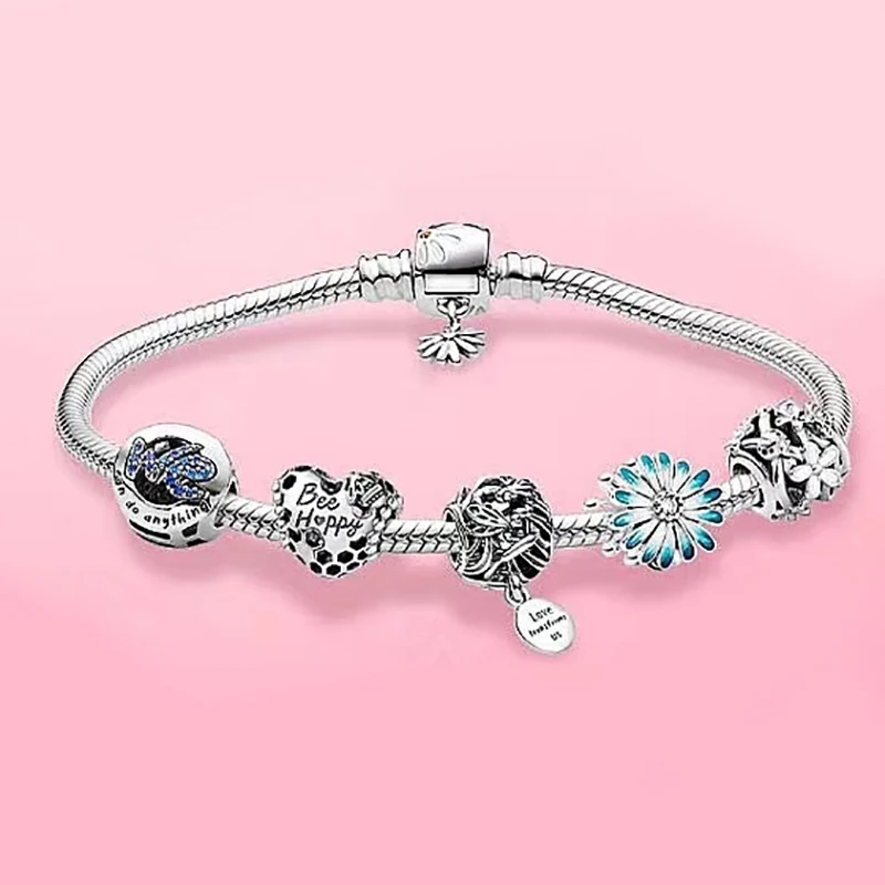 

100%925 sterling silver Spring Happy bee blue flower hollow petals high quality fashion Brave pandora bracelet jewelry