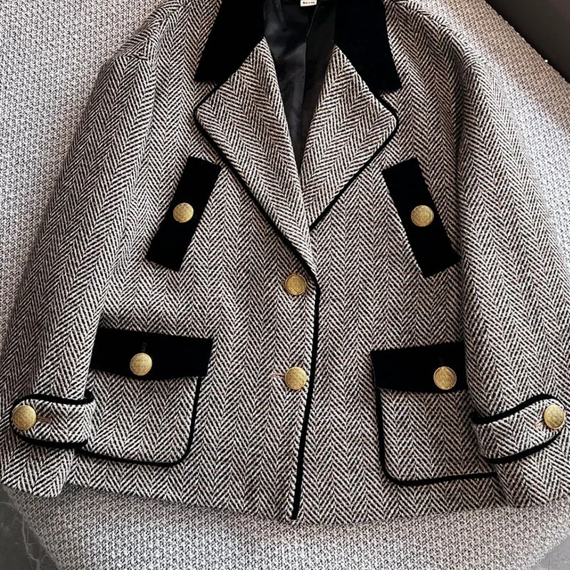

Women Autumn High Quality Wool Blazer Vintage England Style Herringbone Pattern Chic Pockets Jacket Single Breasted Lapel Coat