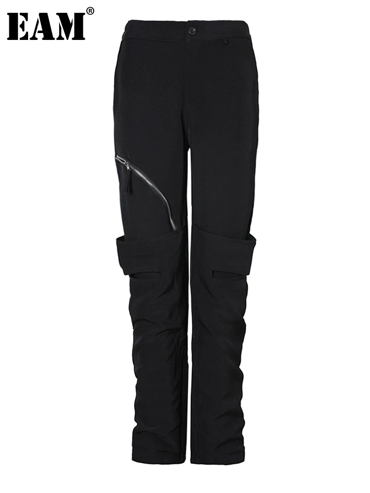 

[EAM] High Elastic Waist Back Zipper Poclet Long Pants New Loose Fit Trousers Women Fashion Tide Spring Autumn 2023 1DF3512