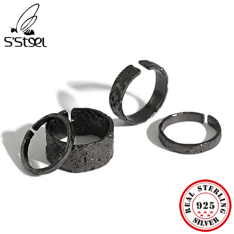 

S'STEEL, черные кольца из стерлингового серебра 925 пробы для женщин, корейский минималистичный дизайн, открытое круглое кольцо De Plata De Ley, 925 ювел...