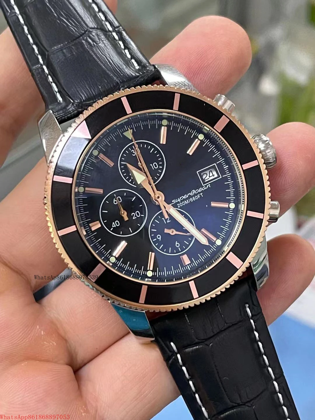 

mens superocean quartz chronograph watch black blue leather rose gold ceramic
