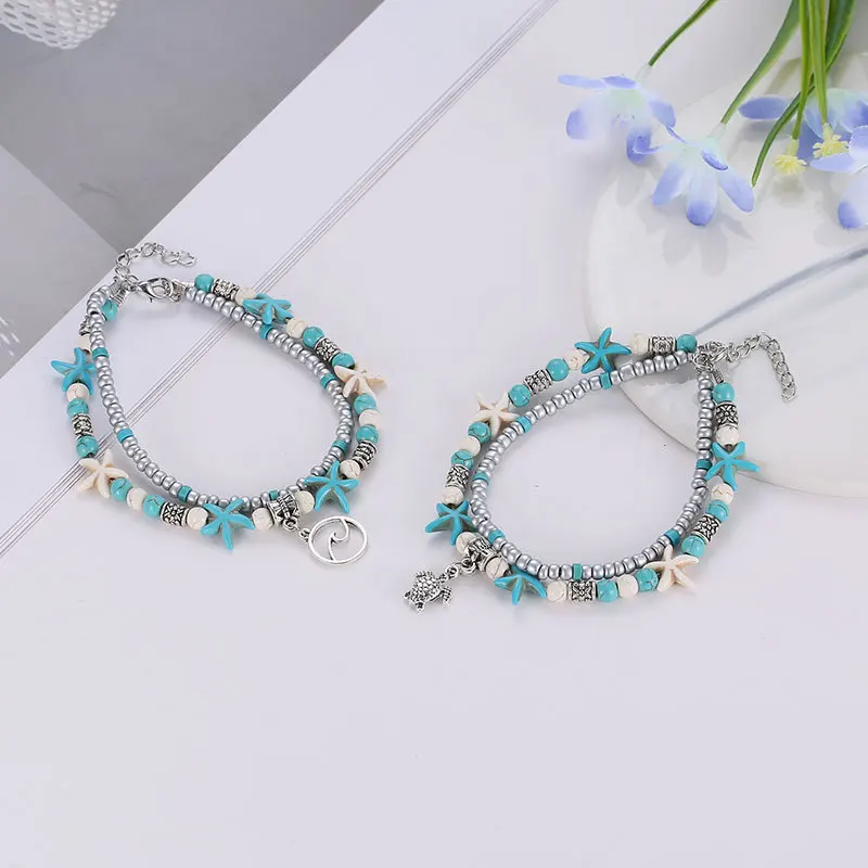 

Turtle Anklet Beach Starfish Bead Vintage Wave Anklet Double Layer Charms Ankle Bracelet Anklets For Women Bracelet CF1034