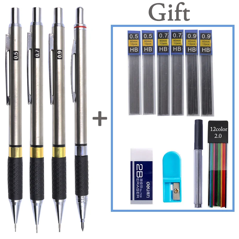

Mechanical Pencils Set Metal Drafting 0.5 0.7 0.9 2.0 Mm Graphite Lead Holder 2B HB For Writing, Sketching Drawing With Refills