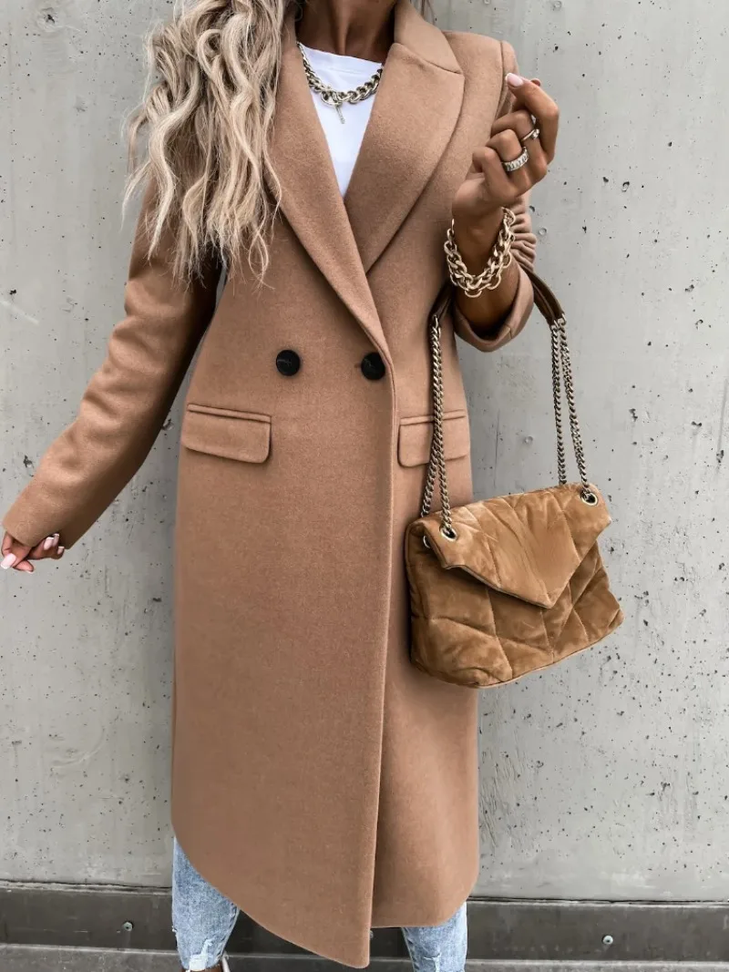 

Women Fashion Double Breaste Casual Elegant Long Coat Long Sleeve Female Winter Outerwear Jacket Top Coat Clothing Loose Chic