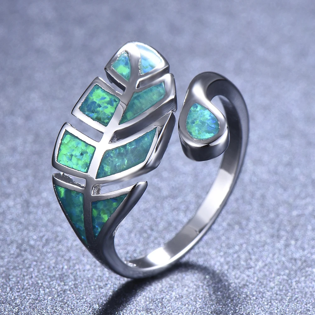 

Creative Delicate Adjustable Green Leaves Opal Rings for Women Girls Jewelry Wedding Gifts Cute Elegant Open Knuckle Finger