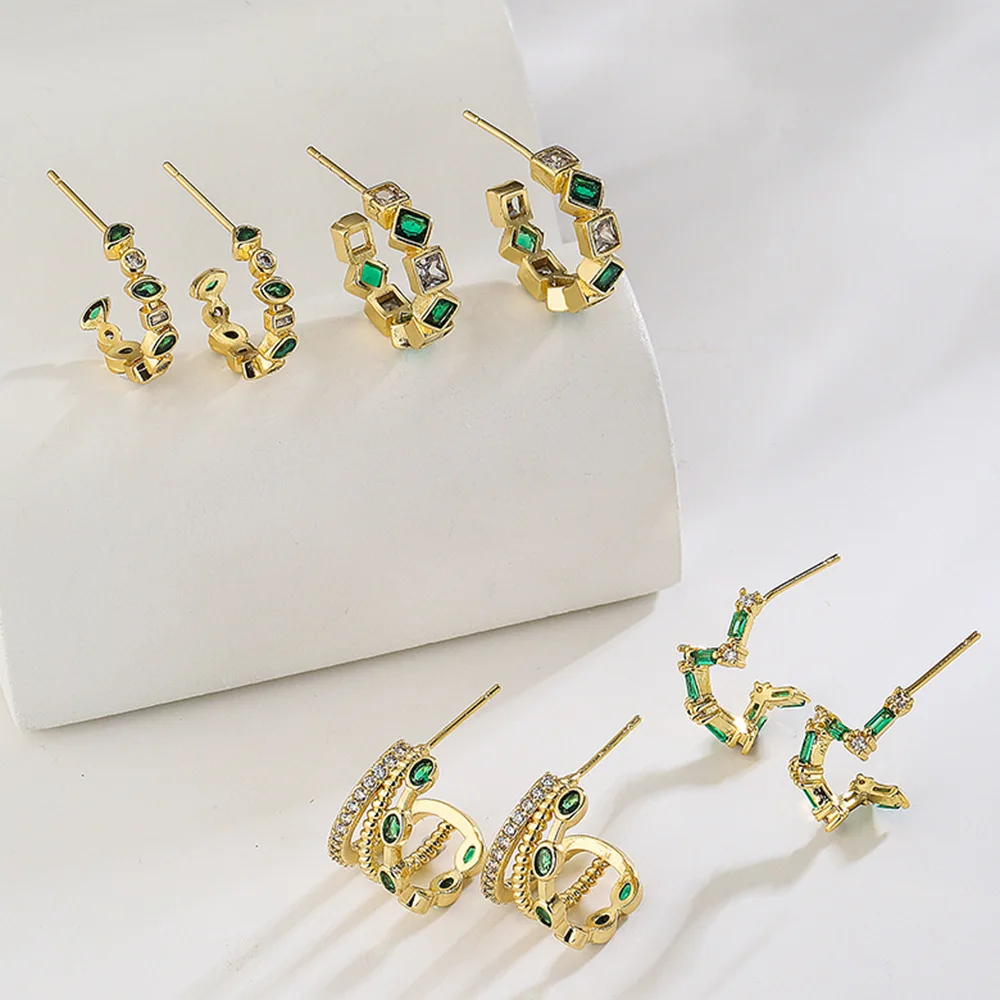 

2022 New Green Zircon Geometric Stud Earring for Women Silver Color Blue Red Green Party Studs Jewelry Wedding Brincos Boucle