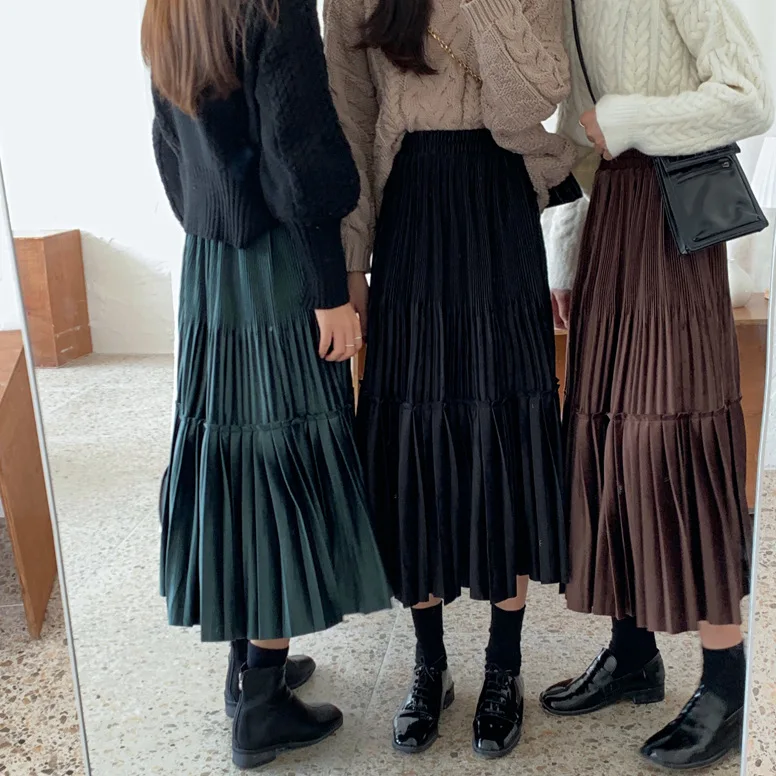 

2022 Women Winter Vintage Long Female Pleated Skirt Korean Ladies High Waist Autumn Fashion Clause Solid Brief Maxi Skirt Femme