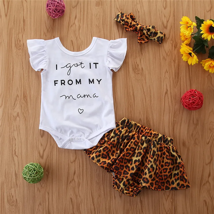 

Newborn Summer Toddler Infant Baby Girls Cotton Cute Clothing Letter Bodysuit Romper Tops+Leopard Shorts+Headband 3pcs Outfits