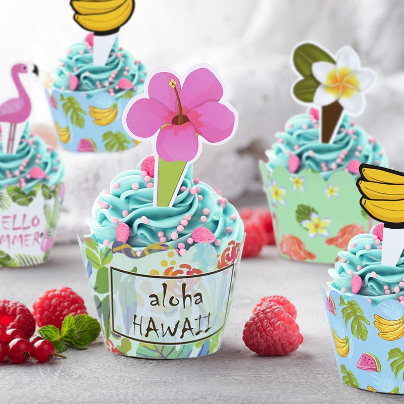 

12set Tropic Fruit Flamingo Cupcake Wrappers Cake Topper For Summer Hawaii Party Kids Baby Shower Cake Decoration Supplies
