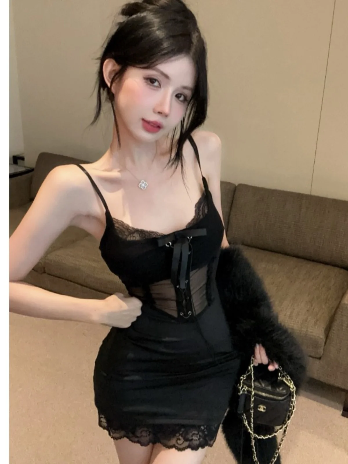 Осенняя одежда Gyaru Sle черное кружевное сексуальное платье на бретельках детское