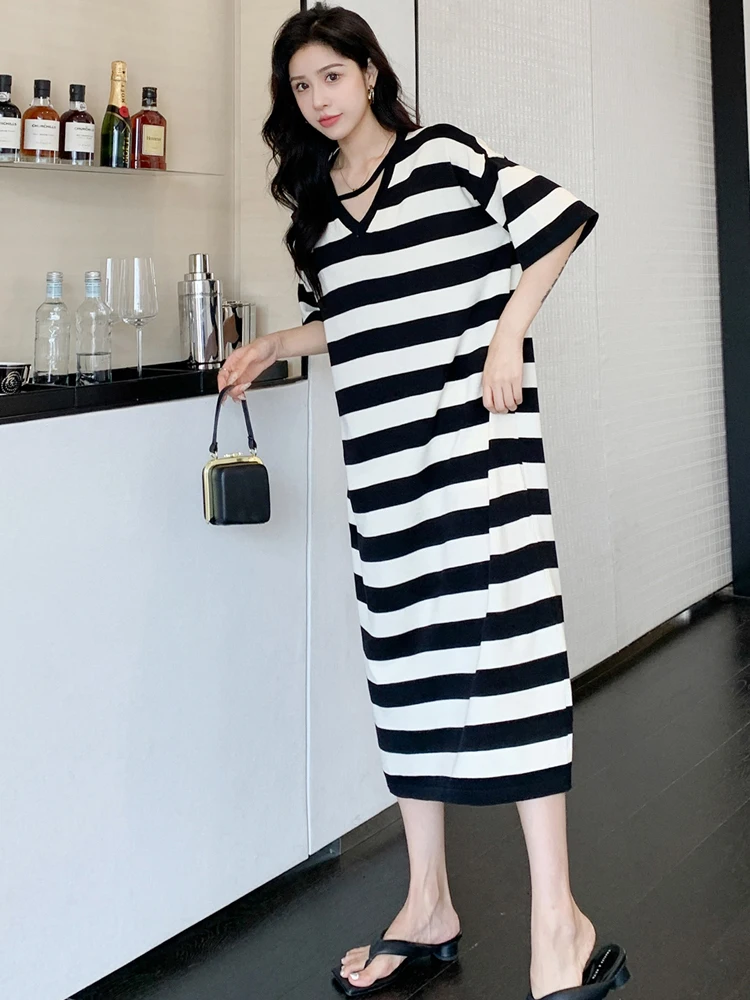 Женское трикотажное платье NYFS свободное с V-образным вырезом и коротким рукавом в