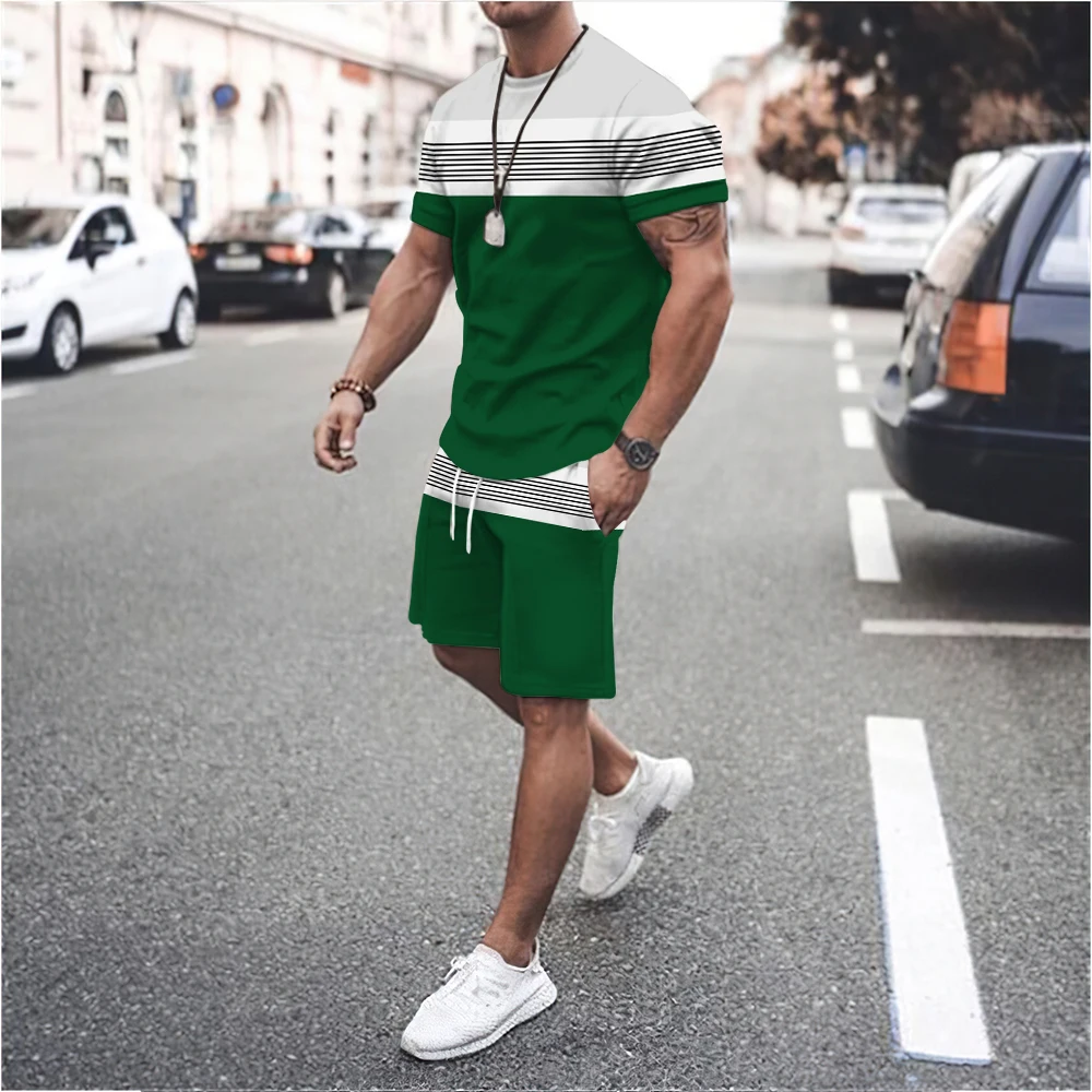 

Summer Tracksuit Men T Shirt Set Fashion Stripe Short Sleeve Tshirts Training Oversized Clothes Casual Sport Suit