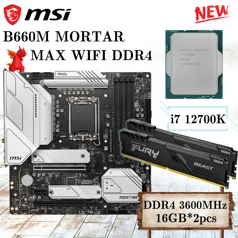 

MSI B660M MORTAR MAX WIFI DDR4 Motherboard + Intel Core i7 12700K CPU + D4 3600MHz 16GB *2pcs Memory LGA 1700 128G Mainboard NEW