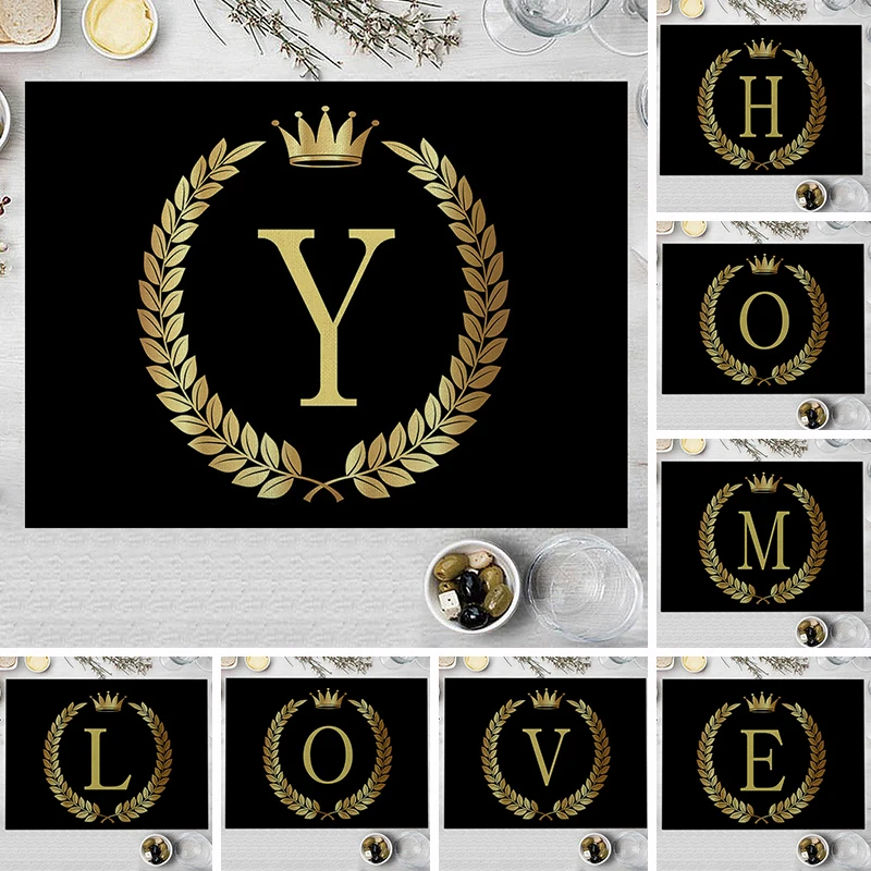 

32x42cm Golden Letter Dining Table Mat Leaves Crown Cotton Kitchen Placemat Alphabet Black Bowl Coffee Mat Home Decorative