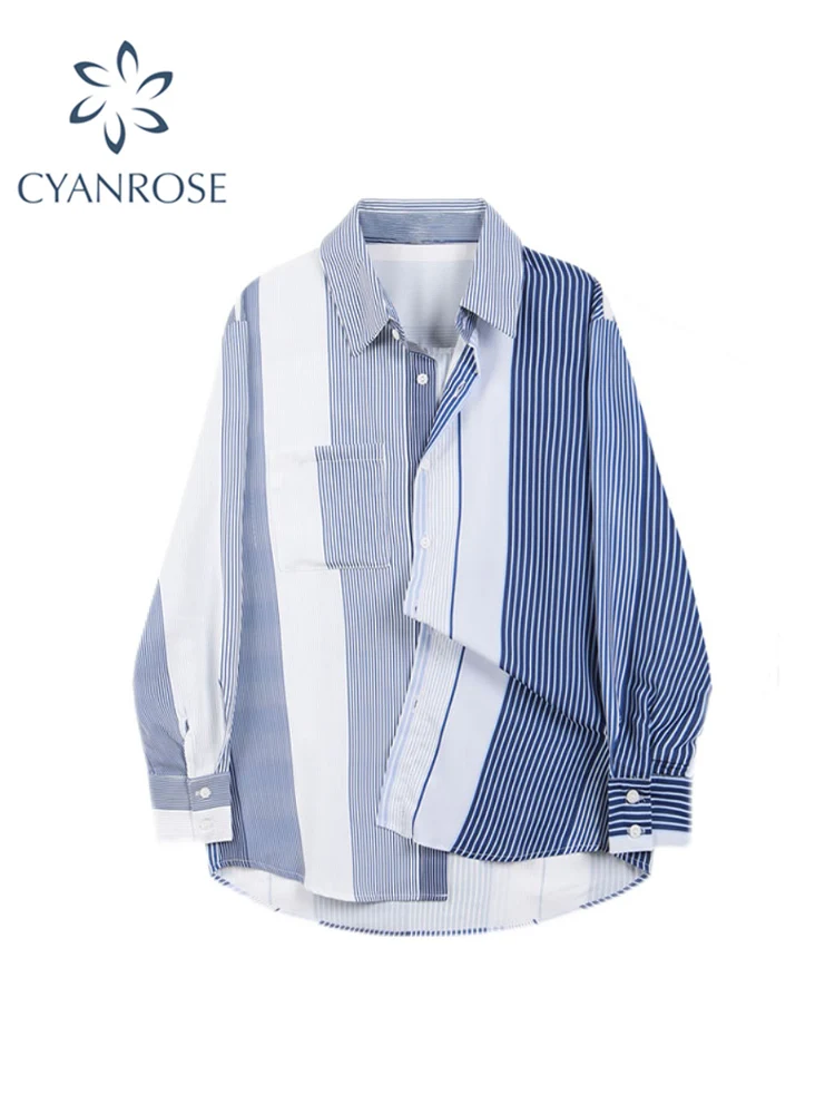 

Женская однобортная блузка в стиле Харадзюку, уличная Свободная рубашка в полоску с отложным воротником и длинным рукавом, в стиле пэчворк, осень 2022