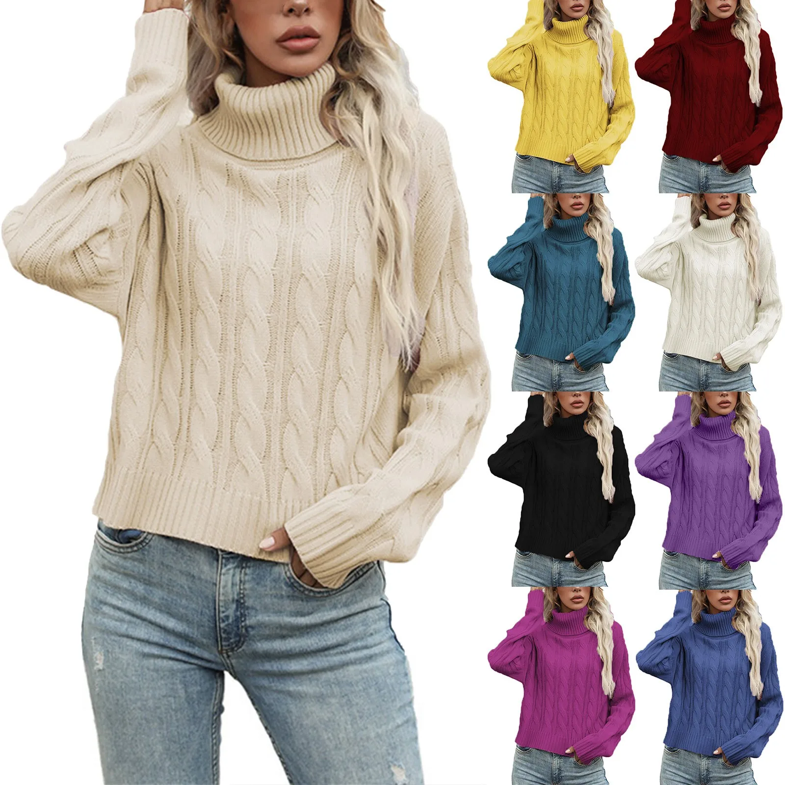 

Women Fashion Loose High Neck Long Sleeve Solid Fried Dough Twist Pullover Sweater Coat