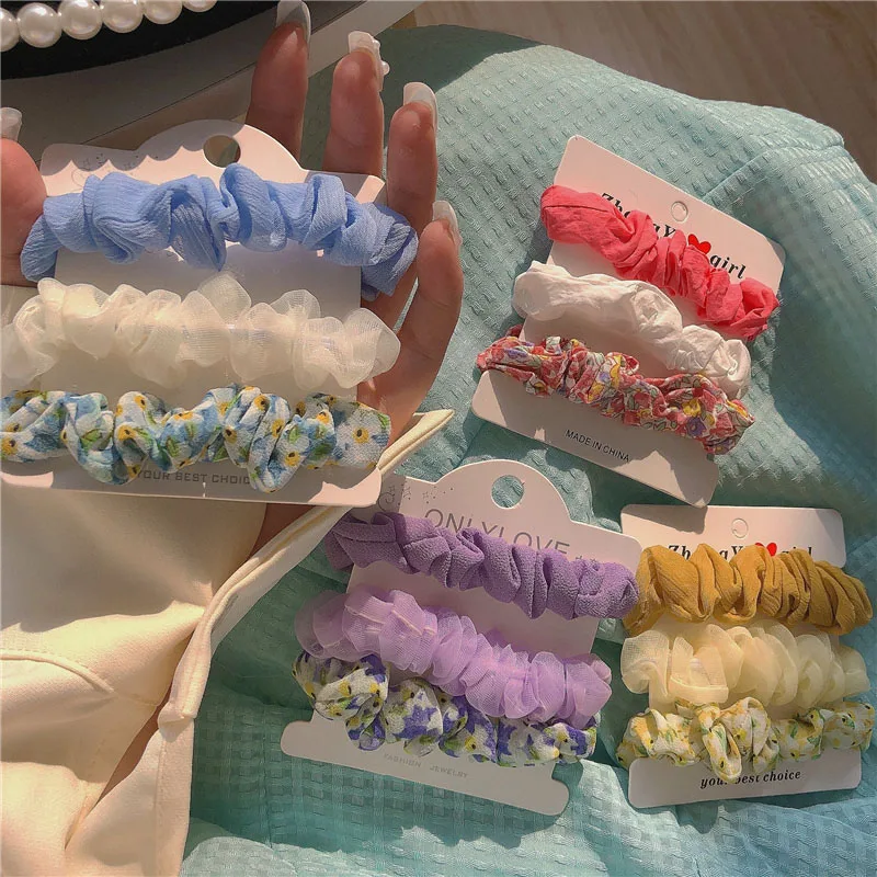 Free 3Pcs/Set Korean Women Scrunchies Sweet Floral Printed Hair Accessories Hairband Hair Tie Small Fresh Geometric Hair Tie