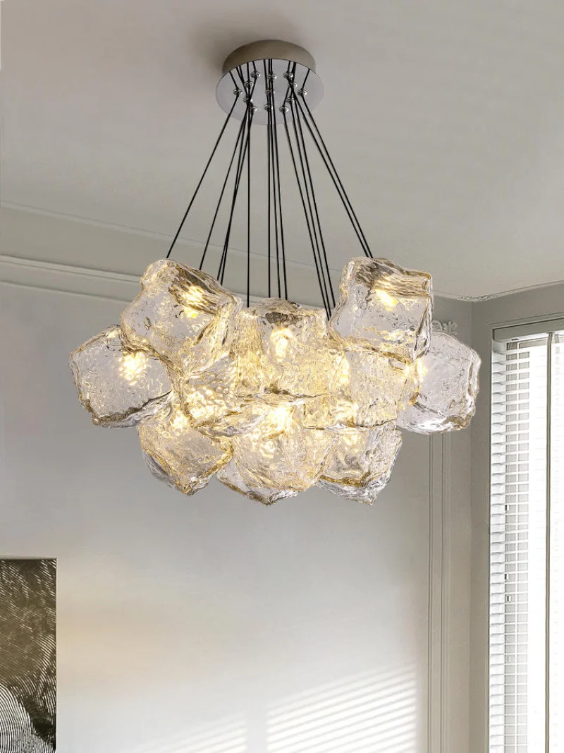 

Modern iron chandelier light luxury creative square minimalist bar restaurant counter water grain glass chandelier