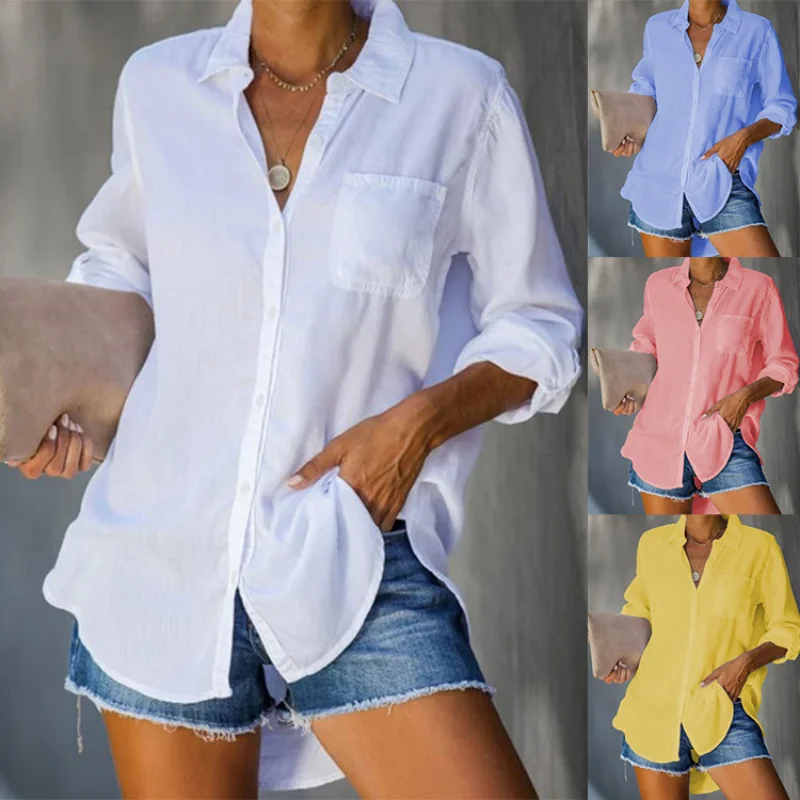 

Casual Pocket Button Blouse Turn-down Collar White Clothes Spring Loose Solid Women Shirt Fashion Office Lady Tops Blusas 25442