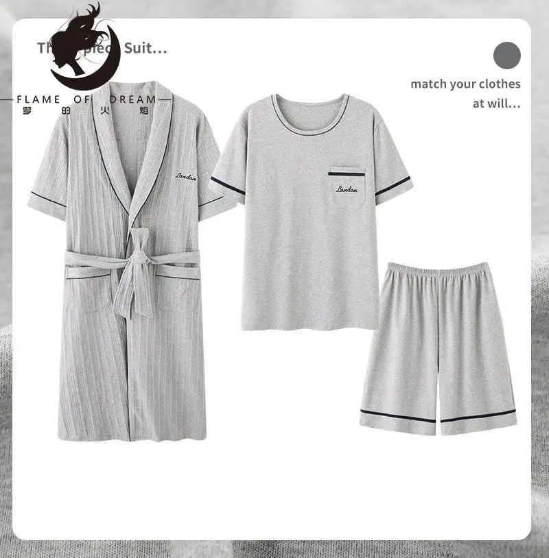 Flame Of Dream Pajamas Men's Summer Nightwear Cotton Short Sleeve Home Clothes 2022 New  Casual Three Piece Suit 221410