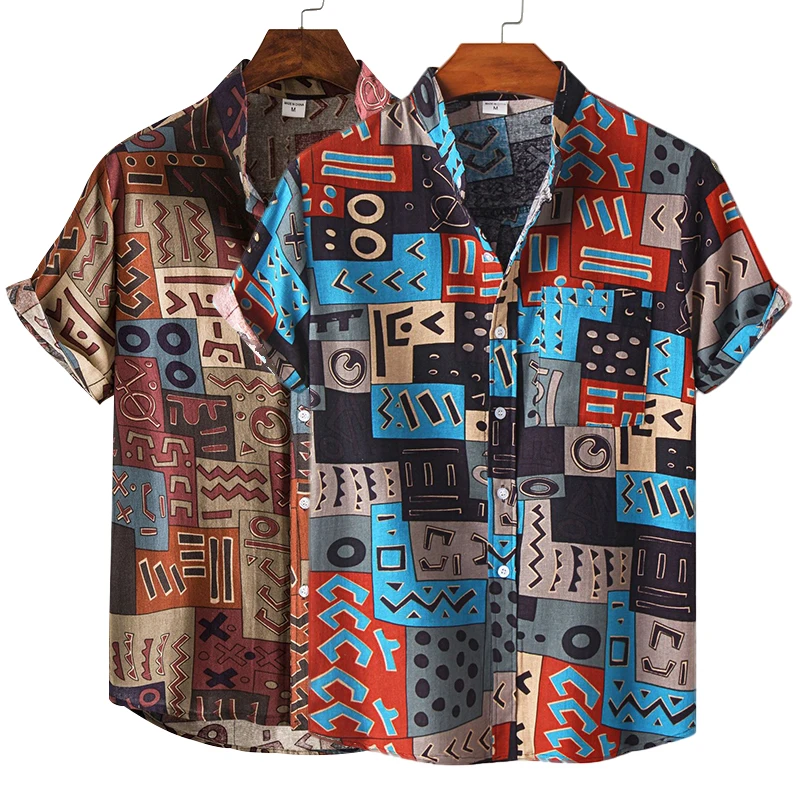 Men's Cotton Polyester Summer Short Sleeve Shirt Boho Geometric Pattern Hawaiian Beach Male Shirts Casual Blouse For Men