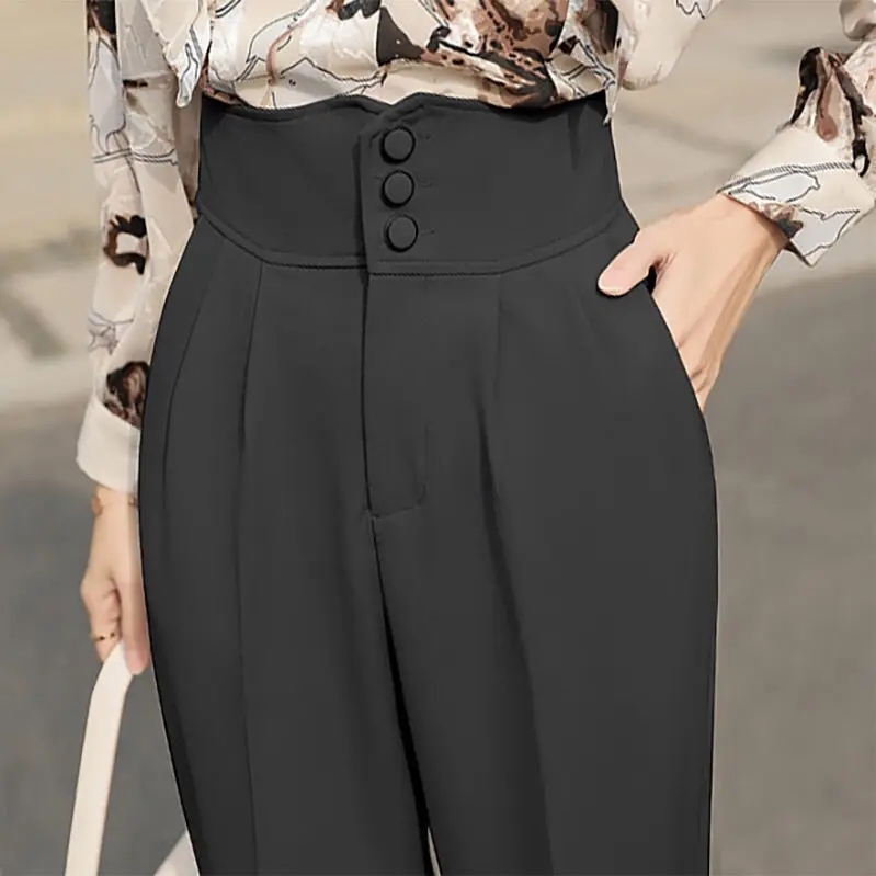 

Women Office Lady Ankle-Length Pants Korean Fashion Spring Loose Work Harem Pants Solid High Waist Solid Color Suit Pants T816