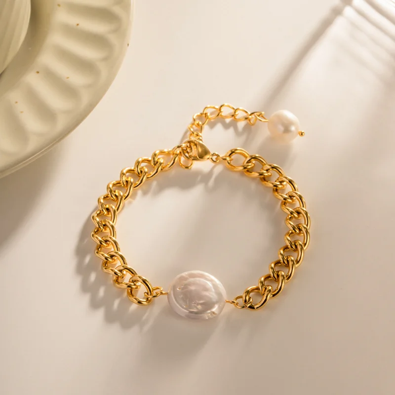 

Minar Punk Big Baroque Freshwater Pearl Charm Bracelets for Women 18K Gold Plated Stainless Steel Chunky Curb Chain Bracelet