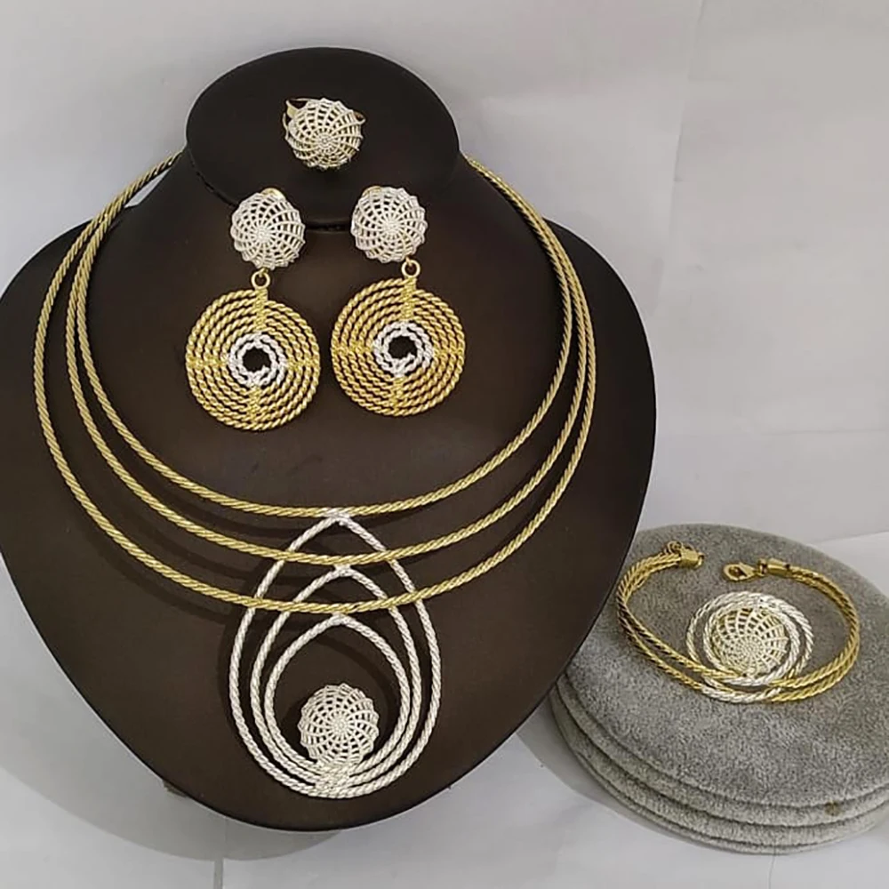 

Brazilian Gold Plated Jewelry Set for Women Geometric Round Necklace and Dangle Earrings with Bangle Ring Party Jewellery Set