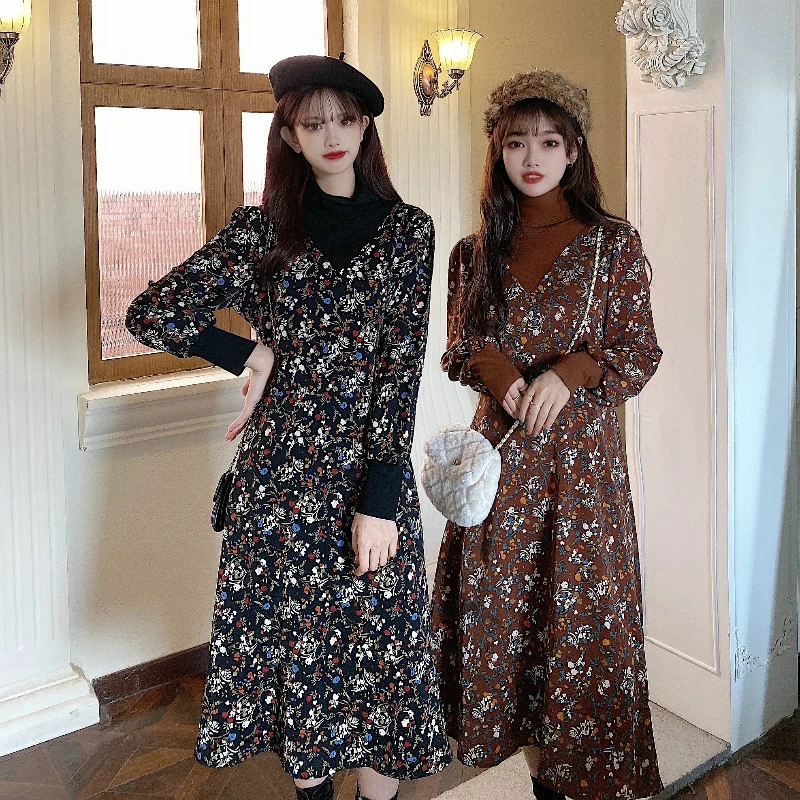 

Korean Fashion Floral Dress Women Sexy V Collar Bottoming Woman Dresses Fashion Hepburn Autumn Winter Ladies Waist Strappy Dress
