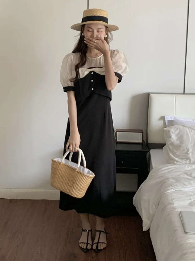 

Chic Office Lady Casual Korean Style Fake Two Piece Mehh Patchwork Dress Female 2022 Elegant Bow Dresses Women Vestido M355