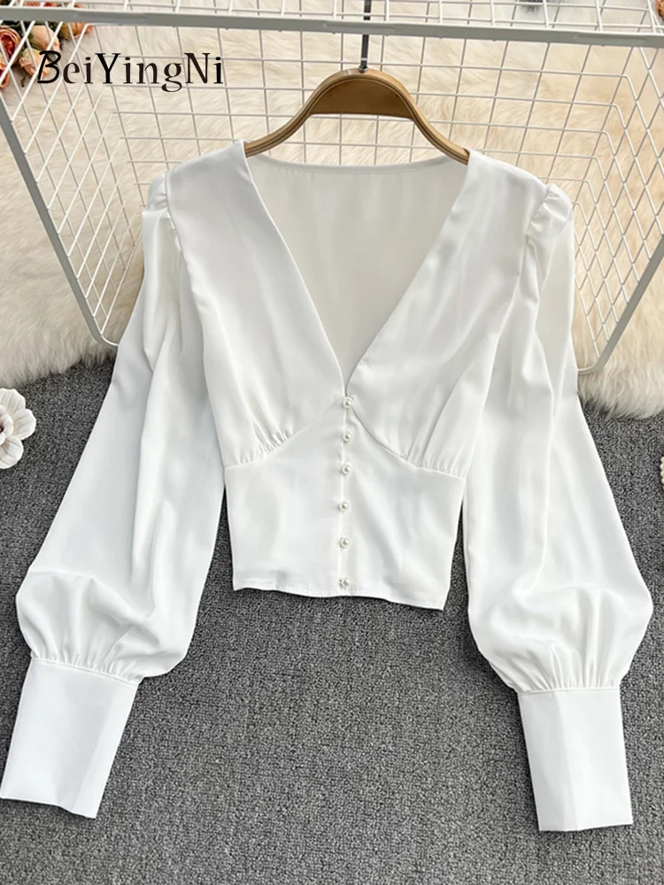 

Stylih V-neck hirt Women exy Long leeve Deep V Crop Top Female Korean CHIC Elegant Bloue Button White Blua