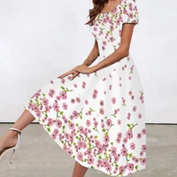 40hot o neck short sleeve large hem elegant dress vivid flower printing ladies midi dress female clothes