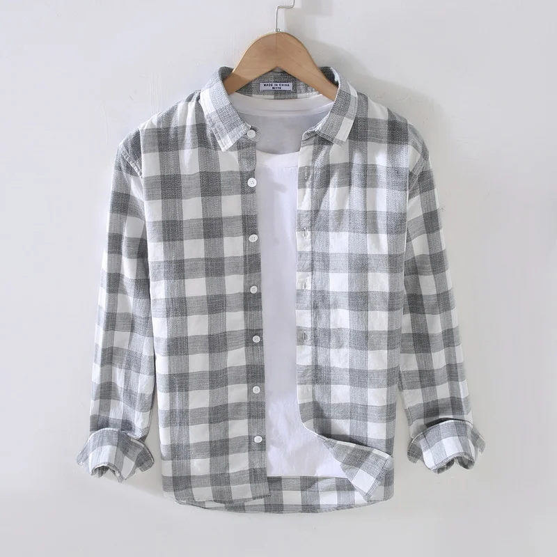 

Men Clotin Autumn New Japanese Style Fres Plaid Lon-sleeved Sirt Men's Casual Loose Lapel Trend Men's Sirt