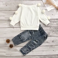baby girls outfit set 2022 girls autumn and winter new pure cotton pit bar knitted wool ball top pierced denim pants set