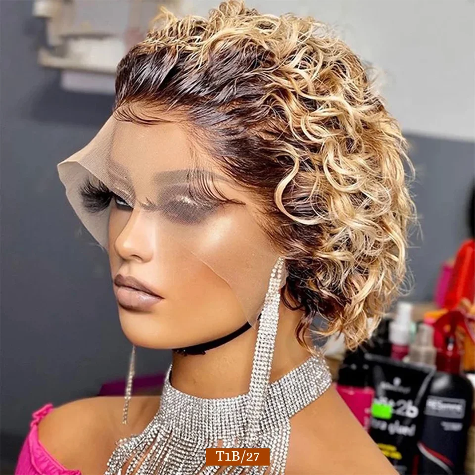 Curly Short Bob Lace Wigs Blonde Pixie Brazilia Human Hair Lace Part Bob Wig For Women Density 150% Water Wave Remy Short Hair
