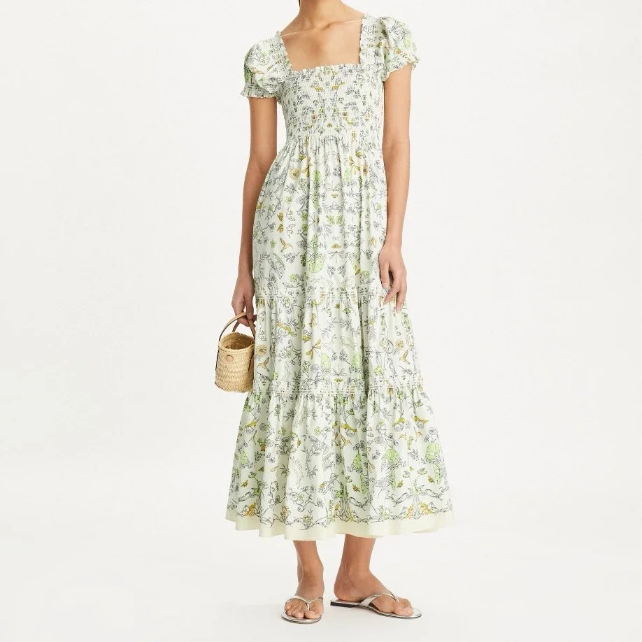 Женское платье миди высокого качества белого цвета с принтом насекомых и