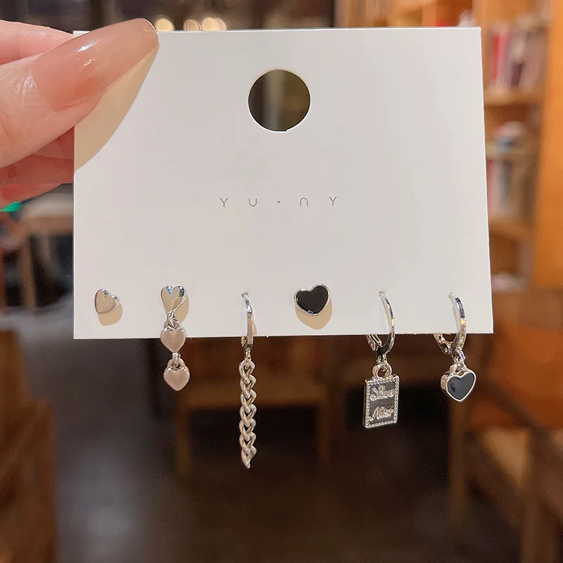 

6PCS Punk Heart Chain Earring Set with Hanging Aesthetic Set of Earings Sleeper Stainless Steel Grunge Jewelry set de aros mujer