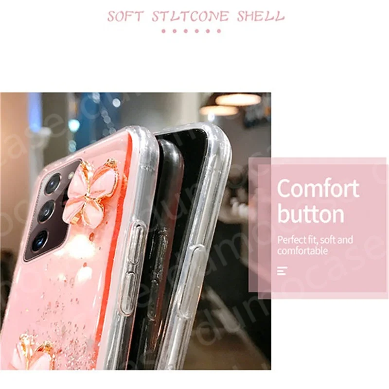Butterfly Glitter Wrist Lanyard Case for XIAOMI Mi 11 10T 10 Ultra RedMi 9 9A 9T 9C Note 8T 9S 10S 7 8 9 10 Pro Max Shiny Cover