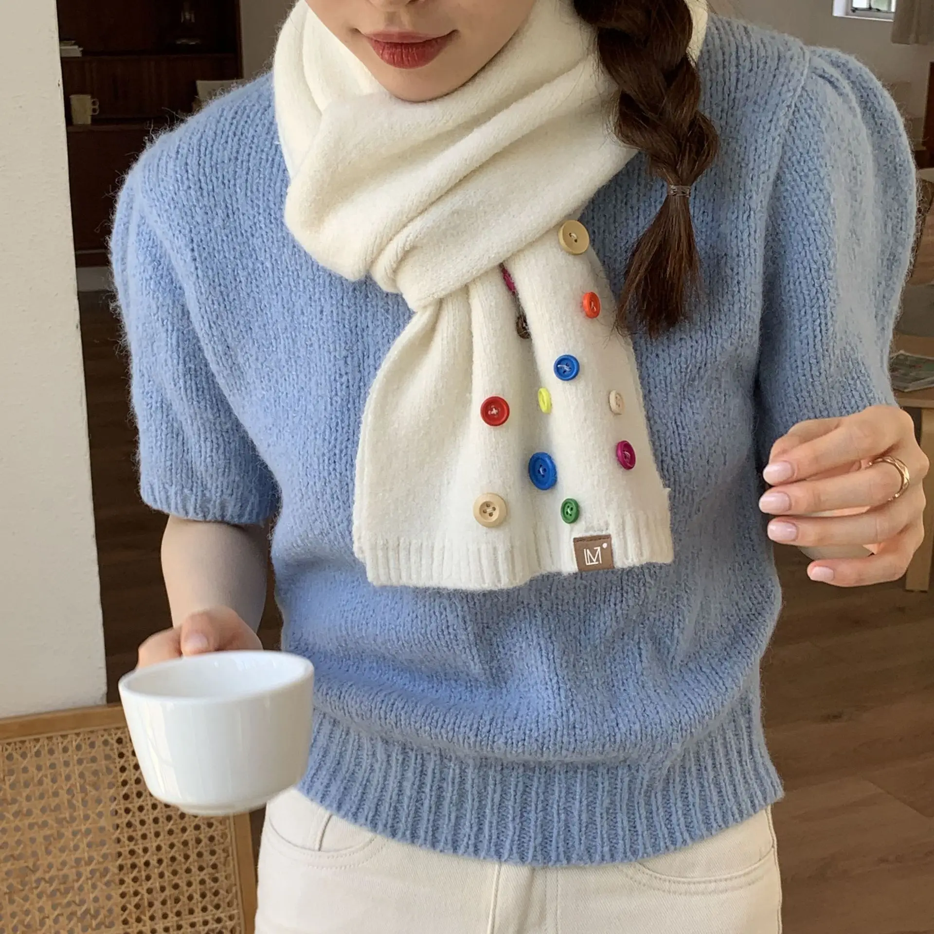 

color candy button solid color knitted scarf warm and cold proof neck protection narrow version wool scarf female winter