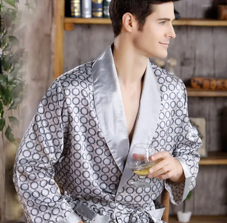 IOOTIANY Men's Robe Nightgown Satin Kimono Bathrobe Gown Casual Sleepwear Plus Size Print Gold Home Dressing Gown 3XL 4XL 5XL