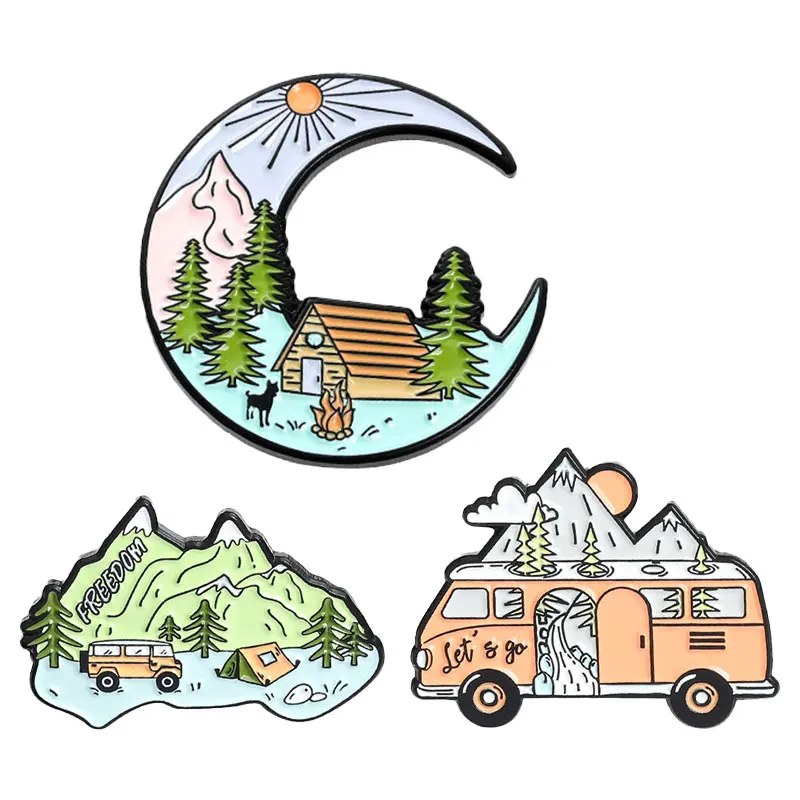 

Outdoor Travel Mountain Enamel Brooch Cartoon Lapel Pin Bus Car Clothes Bag Accessories Adventure Badge Jewelry Gift For Friends