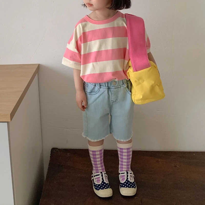 RiniLucia Baby Girl Cotton T-shirts Cute Kids Stripped T Shirt For Girls Children Summer Short Sleeve Tops Infant Clothing