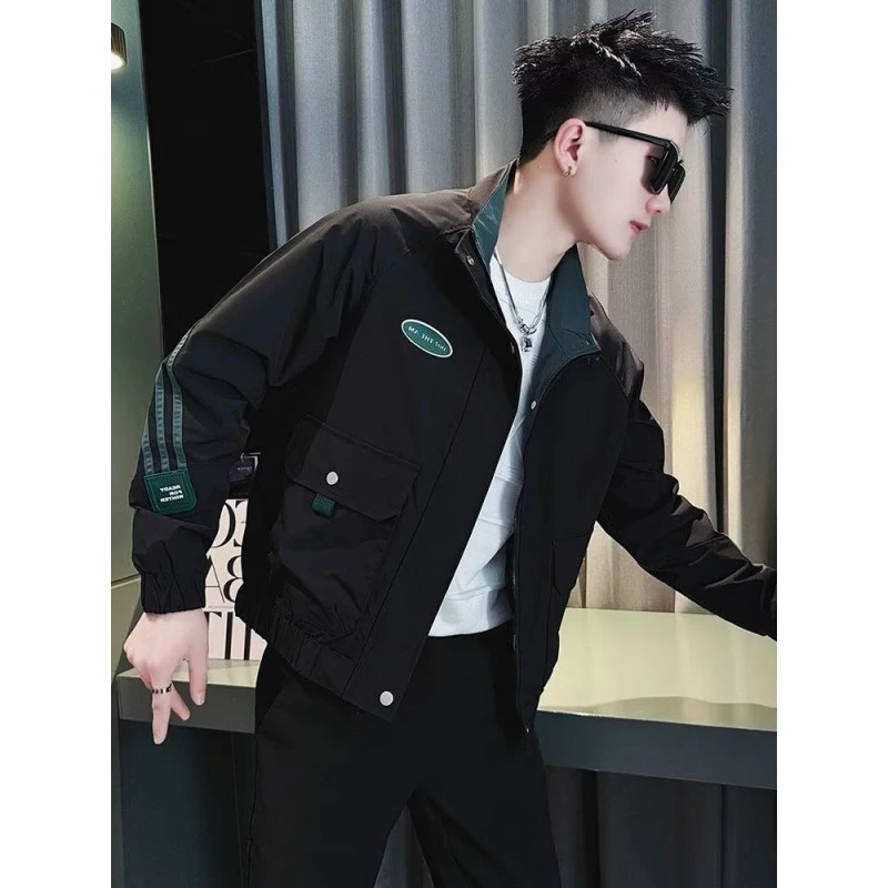 2024 New Autumn clothes Men's Stand Collar Jacket Korean Sle Trendy Handsome Stripe Top Youth All-Match Casual Outerwear