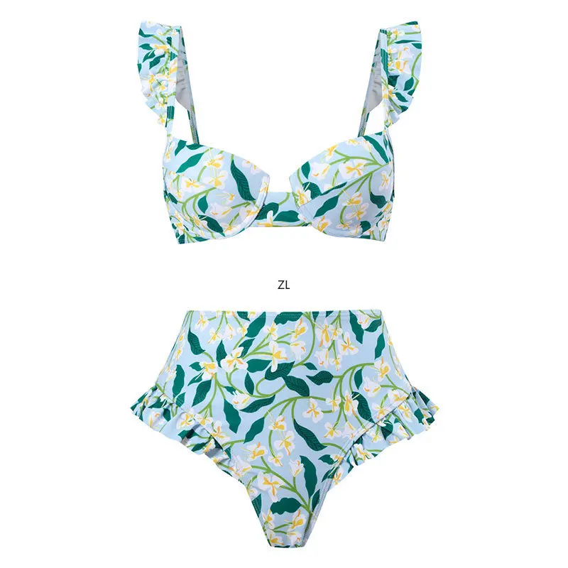 2023 New Fashion Two Pieces Swimsuit Bikini and Skirt Summer Women Ruffle Swimwear Leaf Print Luxury Elegant Bathing Suit