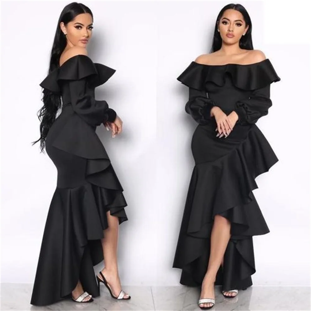 Women Elegant Evening Gown Sexy Off-Shoulder Backless Long Puff Sleeve Party Dress Fashion Mermaid Cascading Ruffles Prom Dress