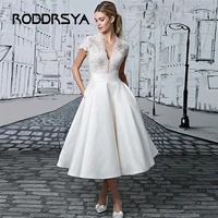 roddrsy princess short wedding dress 2022 tea length cap sleeve v neck lace appliques button elegant a line satin civil vintage