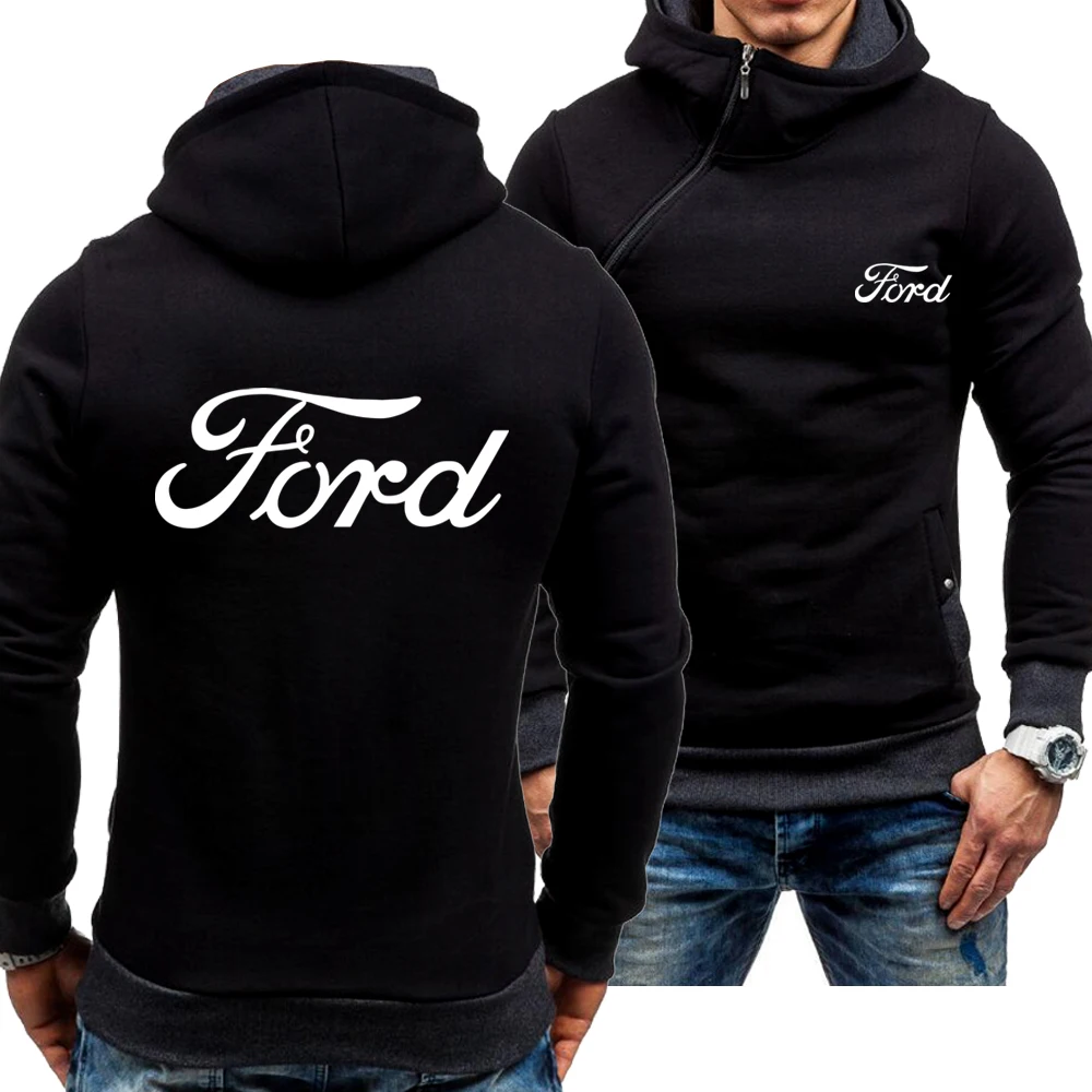 New Men's Casual Ford Logo Spring Autumn Hoodie Skew Zipper Long Sleeve Fashion Zip Hoody Sweatshirt Jacket 4 Colors