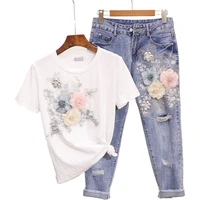 women suit heavy industry embroidery three dimensional flower short sleeved t shirt ripped nine point denim top pants suit