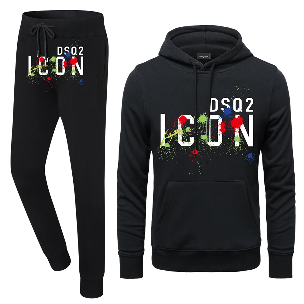 2023 Mens ICON Spring Autumn Tracksuit Sets DSQ2 Mens Casual Print Cotton 2 Piece Hoodies+Pants Sets Street Sport Jogger Sets